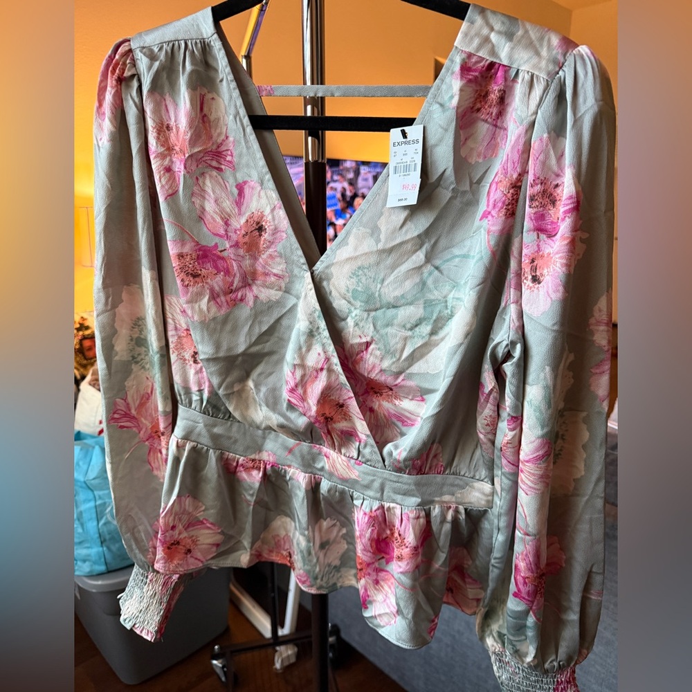 Express Floral Wrap Top - Pink and Green